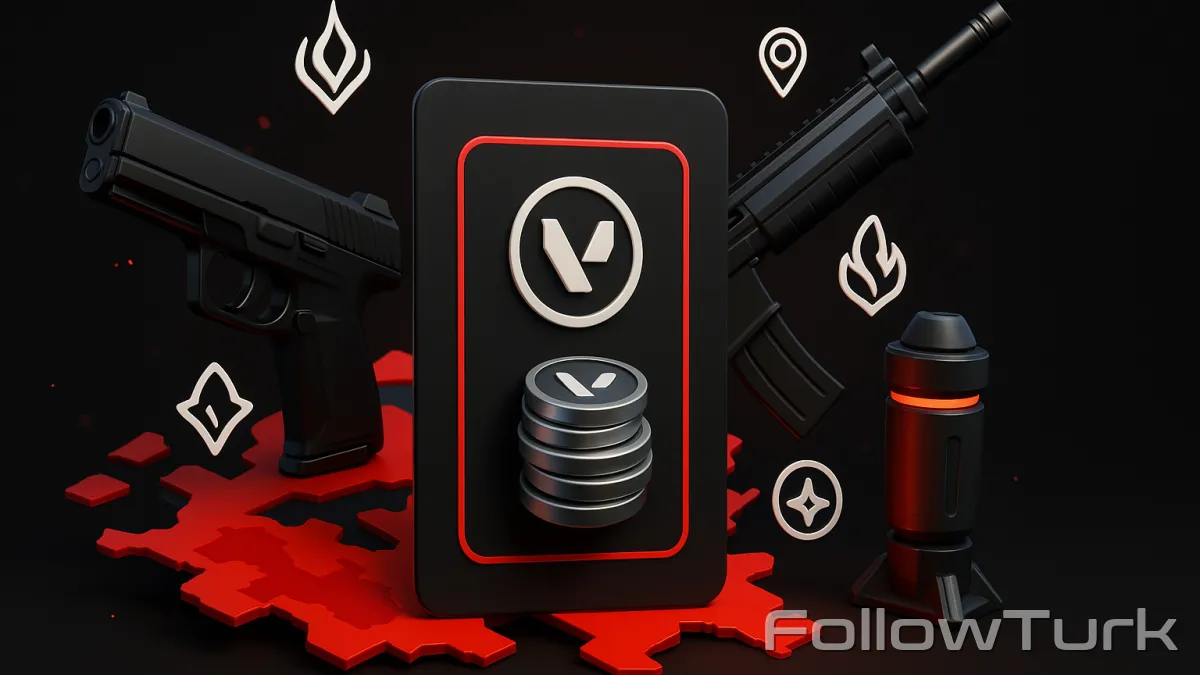 FollowTurk professional illustration showing buy valorant points, valorant points top up, valorant vp purchase, valorant points price, cheap valorant points, valorant points gift card, where to buy valorant points online - Valorant Points services — premium digital product, instant delivery