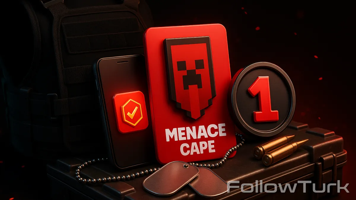 FollowTurk professional illustration showing menace cape minecraft key, buy menace cape minecraft key, menace cape minecraft redeem code, menace cape minecraft key price, menace cape minecraft key instant delivery, where to buy menace cape minecraft cape code, menace cape minecraft code legit - Minecraft services — premium digital product, instant delivery