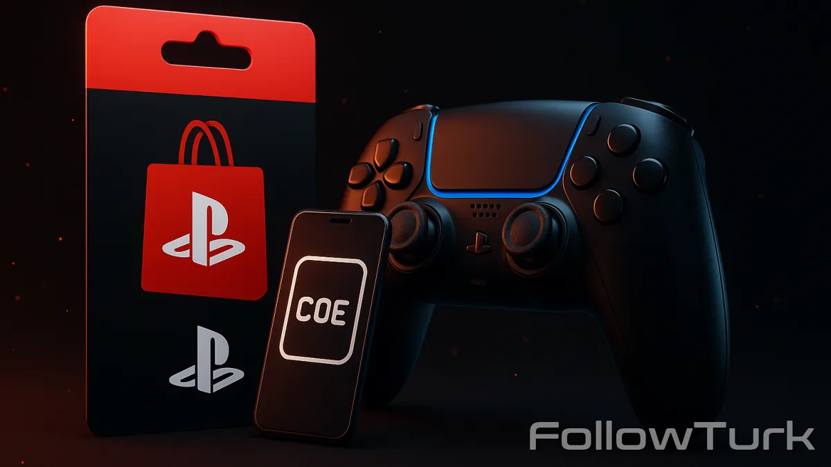 FollowTurk professional illustration showing psn gift card, buy playstation network card online, playstation store gift card code, psn wallet top up, instant delivery psn code, where to buy psn card, psn card price - Playstation - PSN services — premium digital product, instant delivery