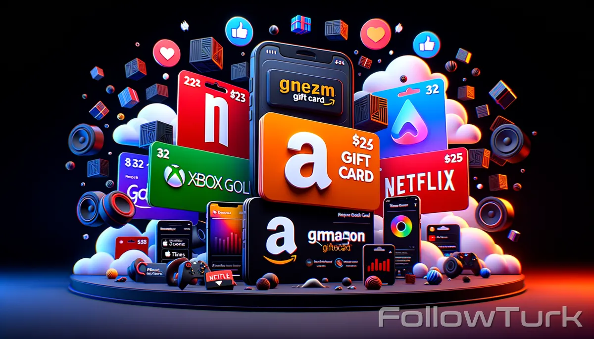 FollowTurk visual guide to benefits of steam gift card, amazon gift card, netflix gift card, razer gold, xbox gamepass, xbox giftcard, itunes gift card - Gift Cards services - Premium SMM marketing