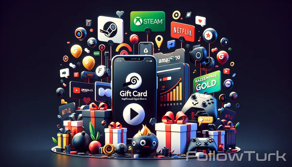 FollowTurk professional illustration showing steam gift card, amazon gift card, netflix gift card, razer gold, xbox gamepass, xbox giftcard, itunes gift card - Gift Cards services - Premium SMM marketing