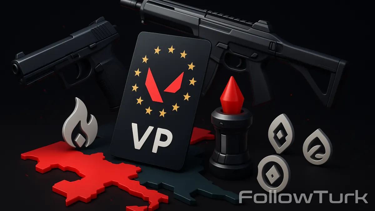 FollowTurk professional illustration showing valorant vp europe, buy valorant points eu, valorant vp euro price, valorant points europe card, valorant vp eu top up, where to buy valorant points europe, valorant vp eu region - Valorant Europe VP services — premium digital product, instant delivery